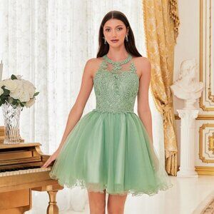 New Baby Doll Homecoming Dress w/ Halter Neck & Floral lace Details CD UJ0119